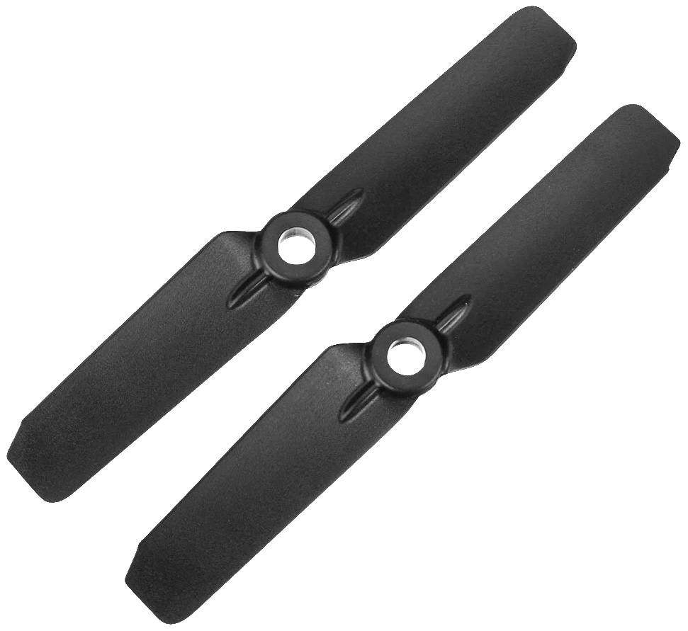 Deux hélices noires en plastique, chacune à deux pales, disposées parallèlement.