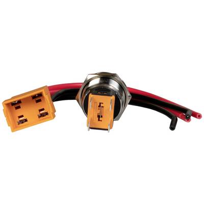 Connecteur avec trois câbles : un noir et deux rouges. La vue de face montre le boîtier orange et le support métallique.