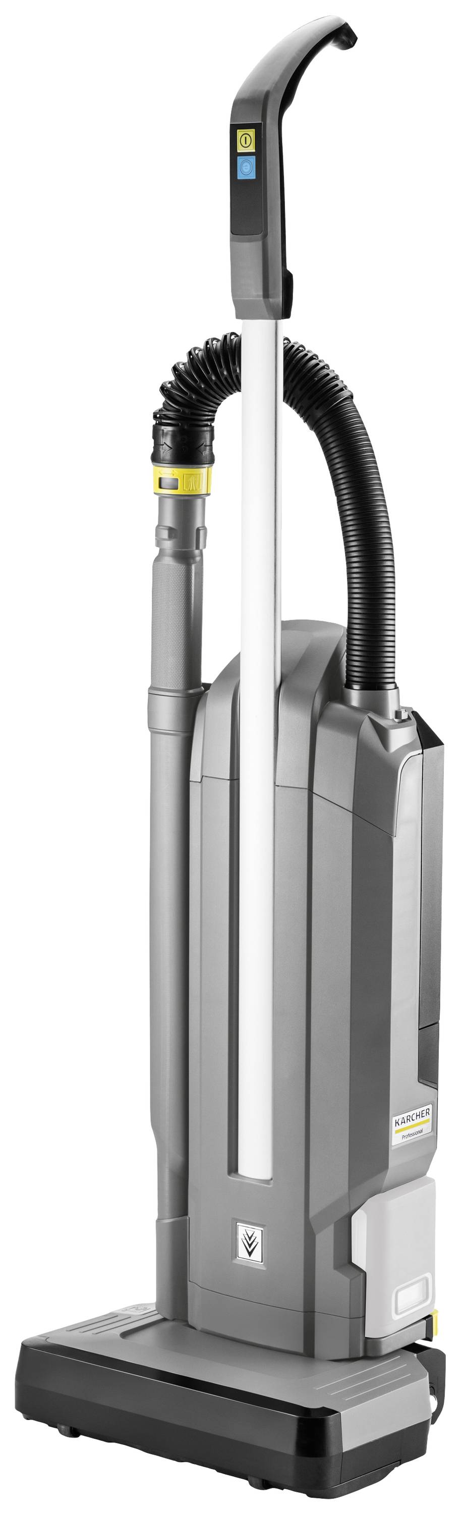 Un aspirateur vertical gris au design élancé et au flexible maniable.