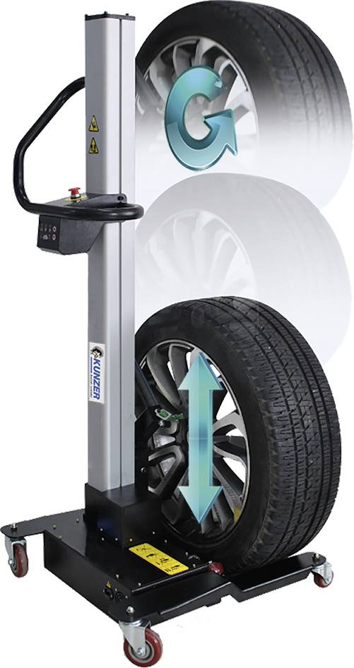 Un dispositif automatisé de montage de pneus soulève et fait tourner un pneu de voiture, avec des flèches indiquant le sens de rotation et le mouvement ascendant.
