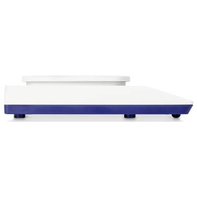 Vue latérale d'une balance de table numérique avec un boîtier blanc et une base bleue.