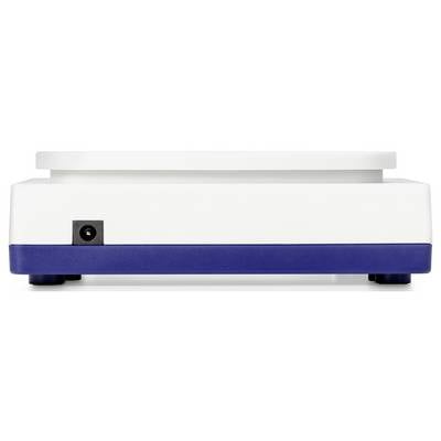 Appareil électronique avec un dessus blanc et une base bleue, vue de côté. Contient un port sur le côté gauche.