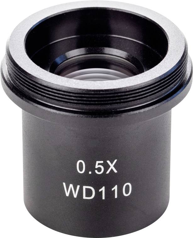 Objectif de microscope noir avec l'inscription '0.5X WD110' sur l'extérieur, utilisé pour agrandir des objets.