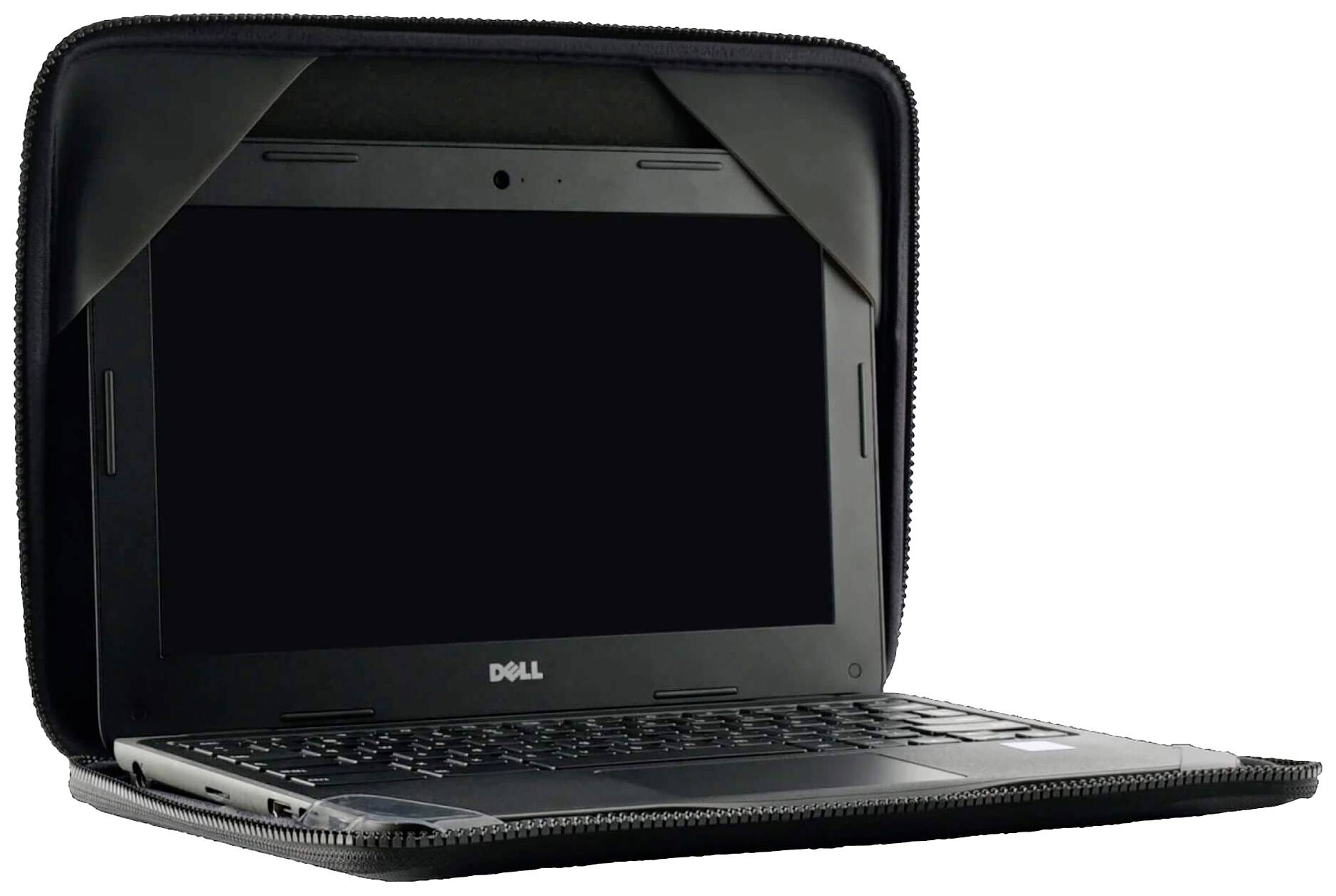 Un ordinateur portable Dell dans une housse de protection noire ouverte. L'écran est éteint. La housse est partiellement repliée autour de l'ordinateur portable.
