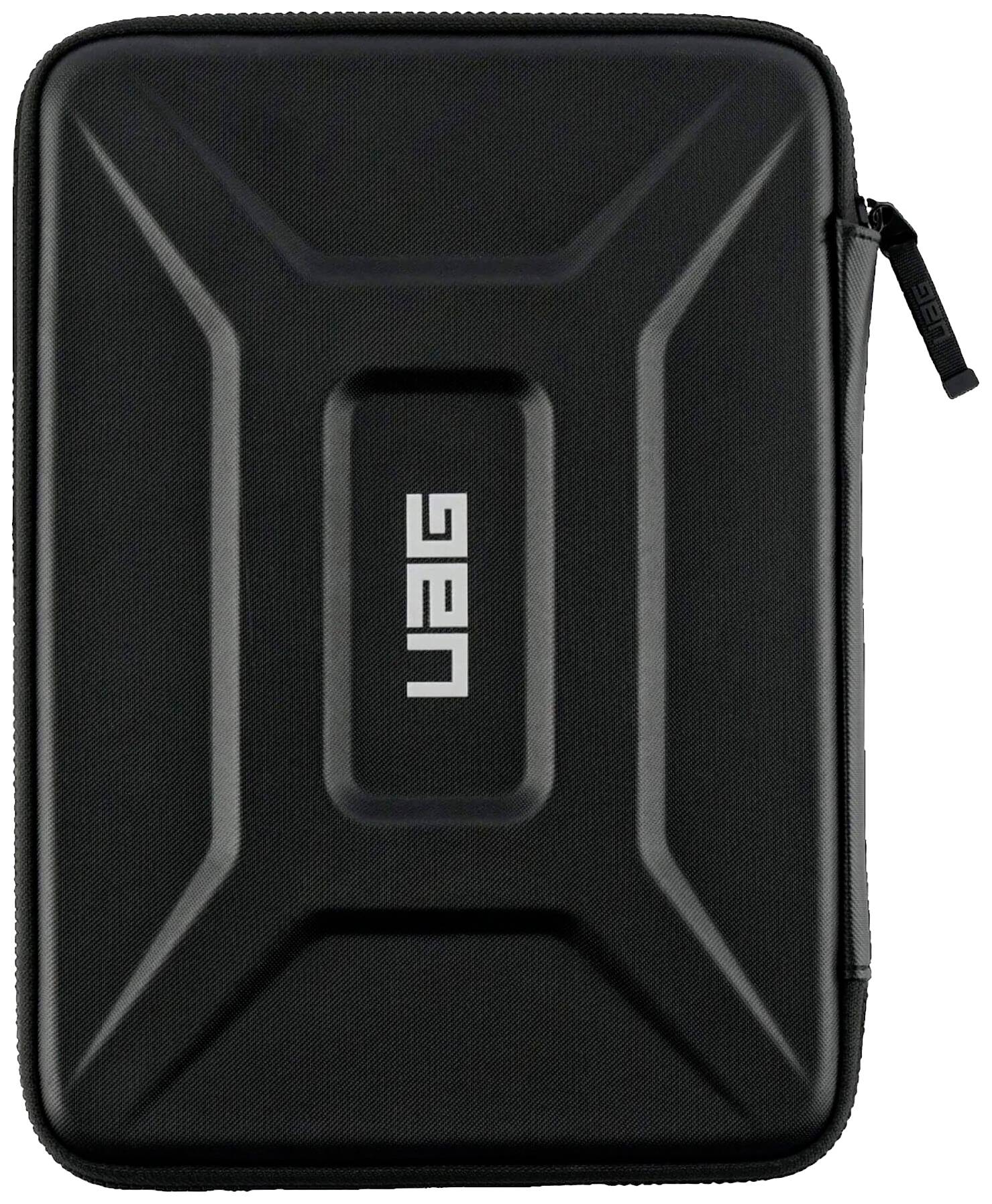 Étui noir robuste avec fermeture éclair, conçu pour protéger les appareils électroniques, avec le logo 'UAG' au centre.