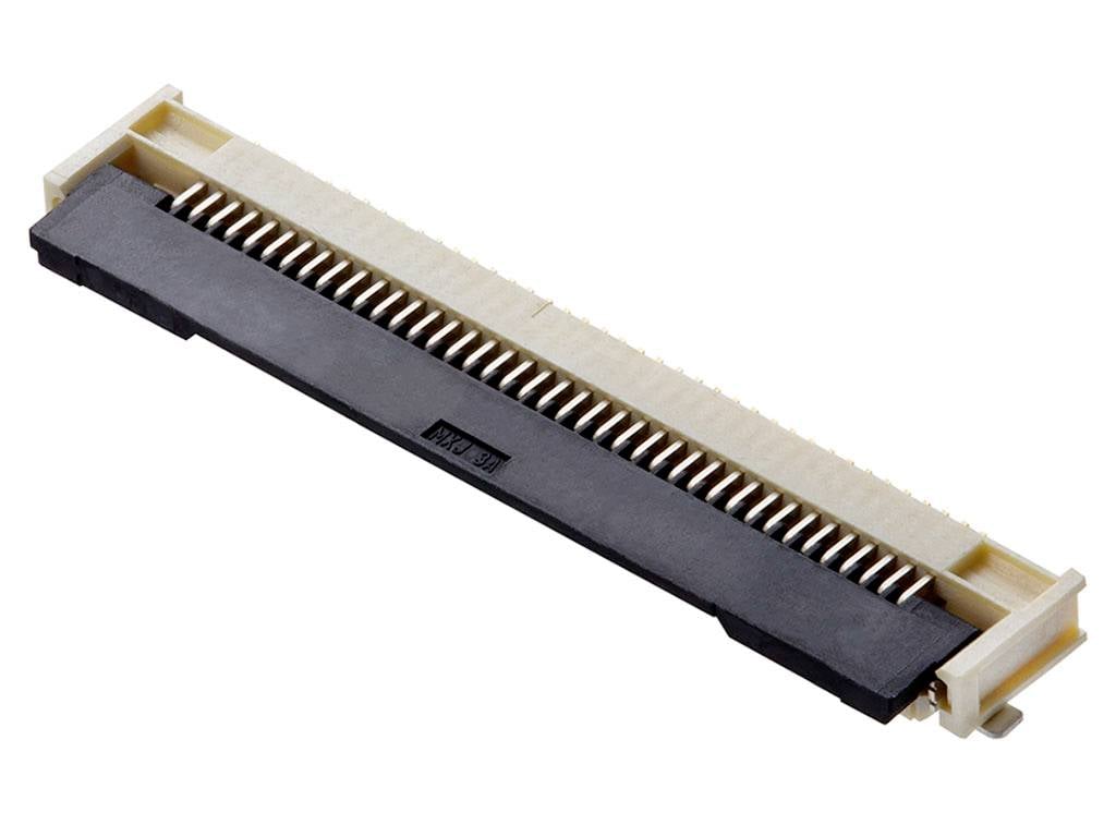 Un connecteur électrique étroit avec de nombreuses petites broches métalliques disposées en deux rangées. Utilisé pour connecter des cartes de circuit imprimé.