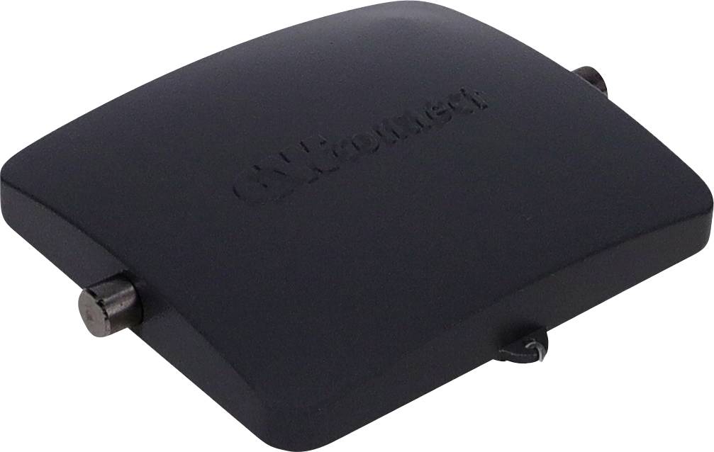 Un couvercle en plastique noir rectangulaire aux bords arrondis, présentant un logo de marque embossé sur le dessus. Il comprend de petites charnières métalliques sur les côtés.