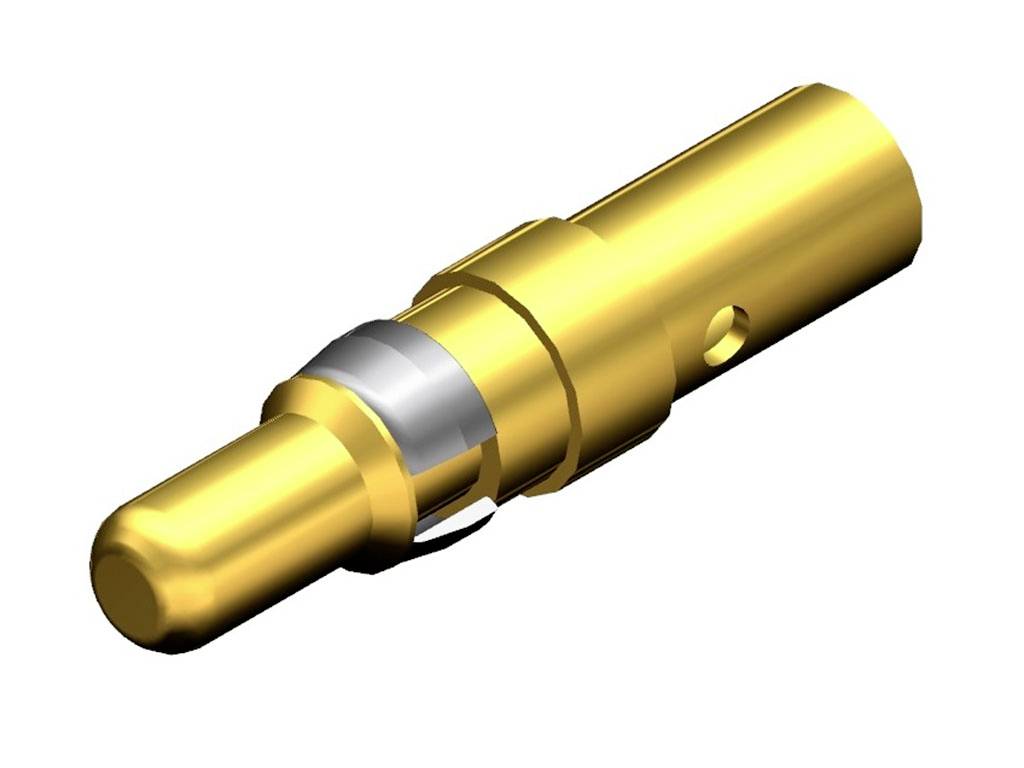 Fiche électronique dorée, de forme cylindrique, avec un anneau argenté au centre. Adaptée pour les câblages et les connexions électroniques.