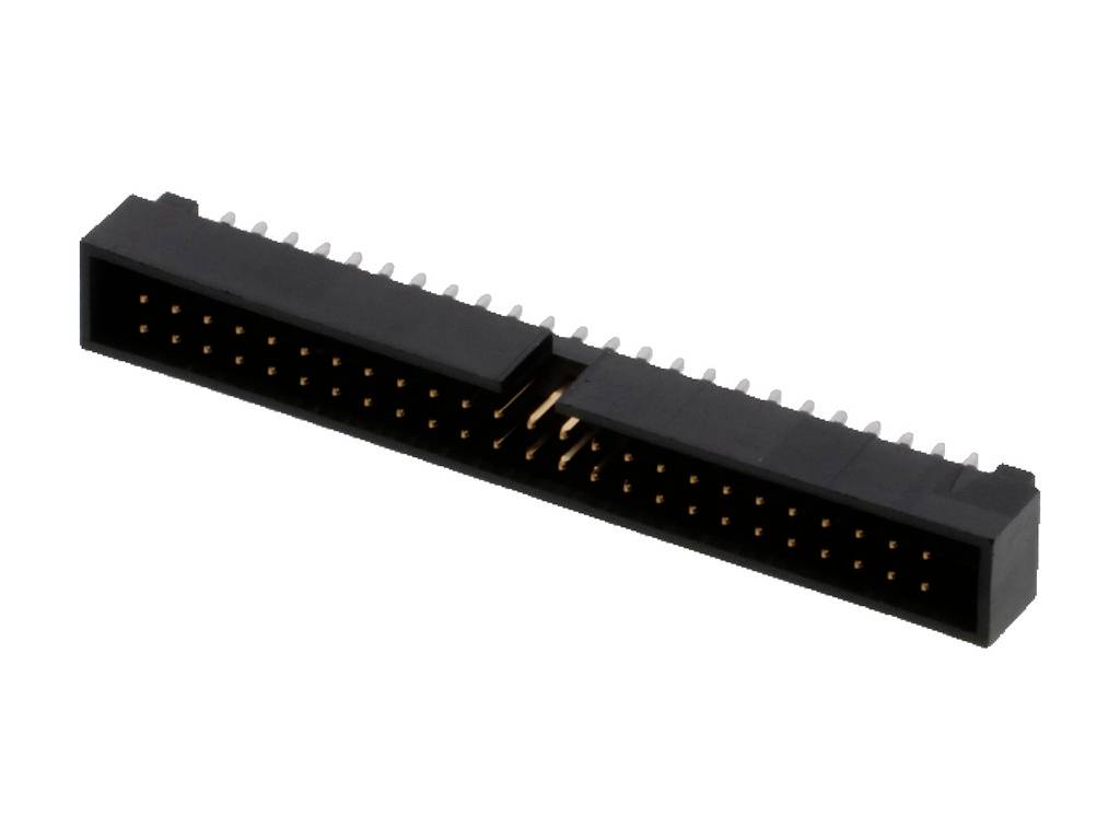 Connecteur électrique noir rectangulaire avec de nombreuses broches en cuivre, adapté aux applications matérielles ou électroniques.
