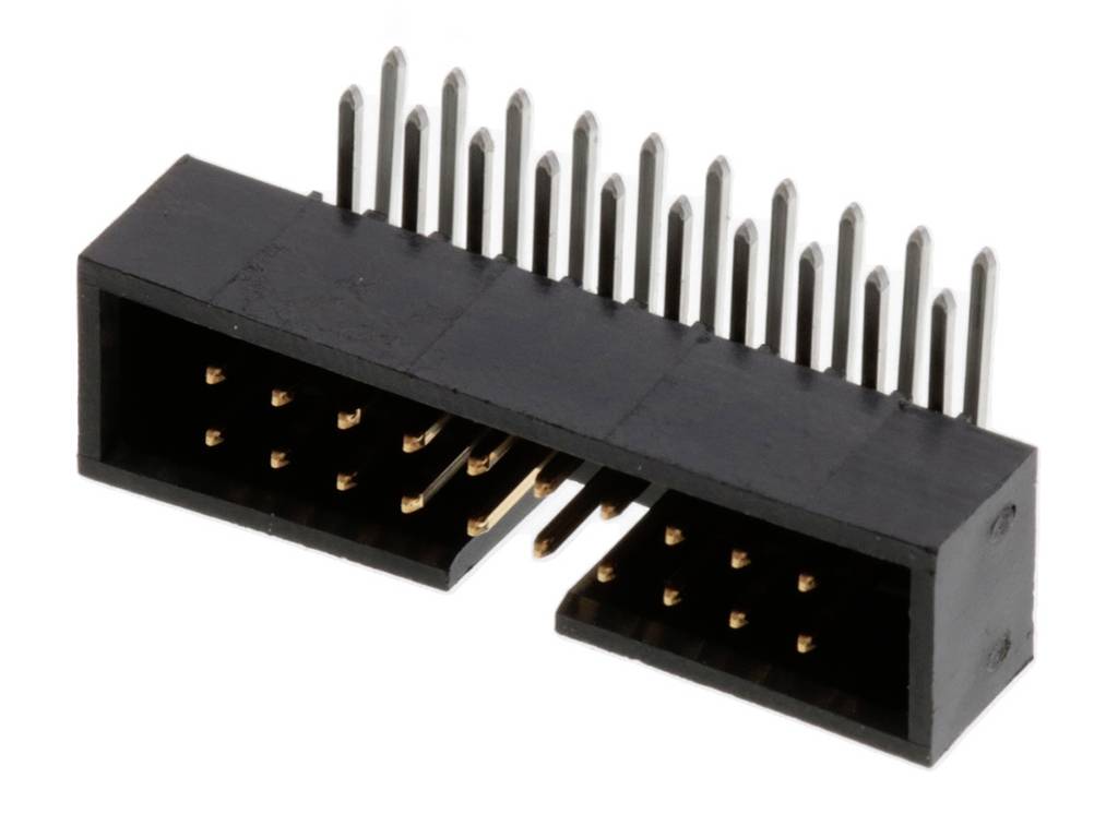 Un connecteur noir à deux rangées de broches métalliques. Adapté pour les composants électroniques afin de relier des circuits.
