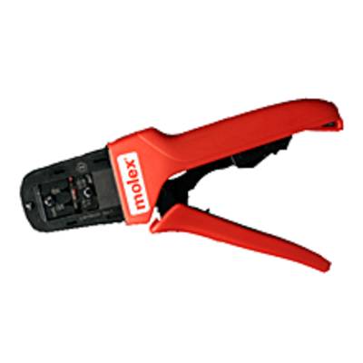 Pince à sertir rouge avec poignée noire, marque 'Molex', pour travaux sur connexions électroniques.
