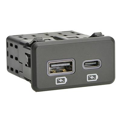 Appareil noir équipé d'un port USB-A et d'un port USB-C sur la façade. Les deux ports sont munis de symboles de charge.