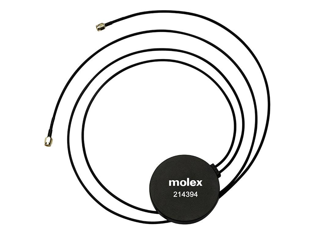 Composant électrique noir rond avec l'inscription 'molex 214394' et trois câbles connectés, munis de connecteurs d'extrémité.