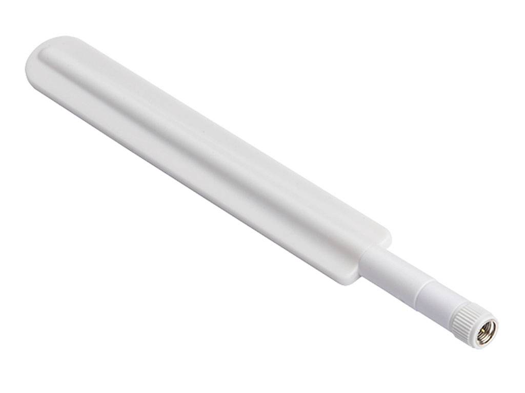 Antenne blanche à forme longue et élancée, avec connexion à vis à sa base. Adaptée pour la communication sans fil.