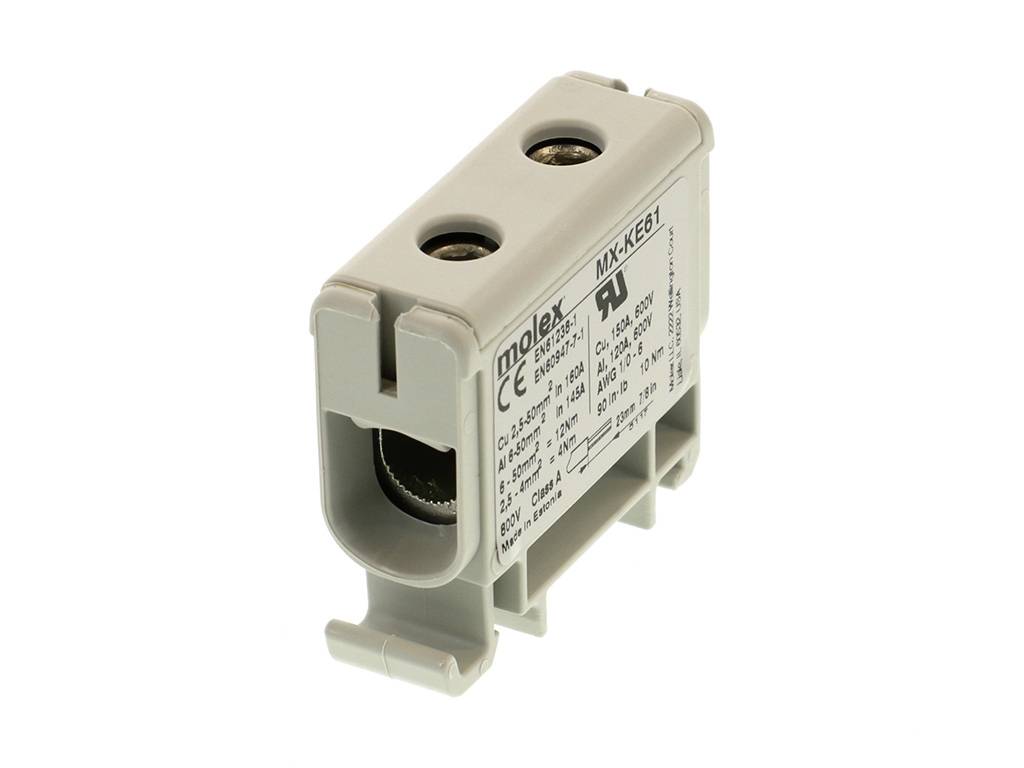 Un connecteur Molex gris avec deux trous de vis et des spécifications techniques imprimées, utilisé pour les connexions électriques.