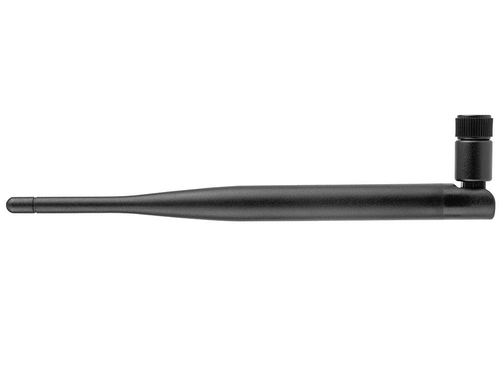 Une antenne radioélectrique noire avec articulation, adaptée à la communication sans fil. Idéale pour routeurs ou autres appareils sans fil.