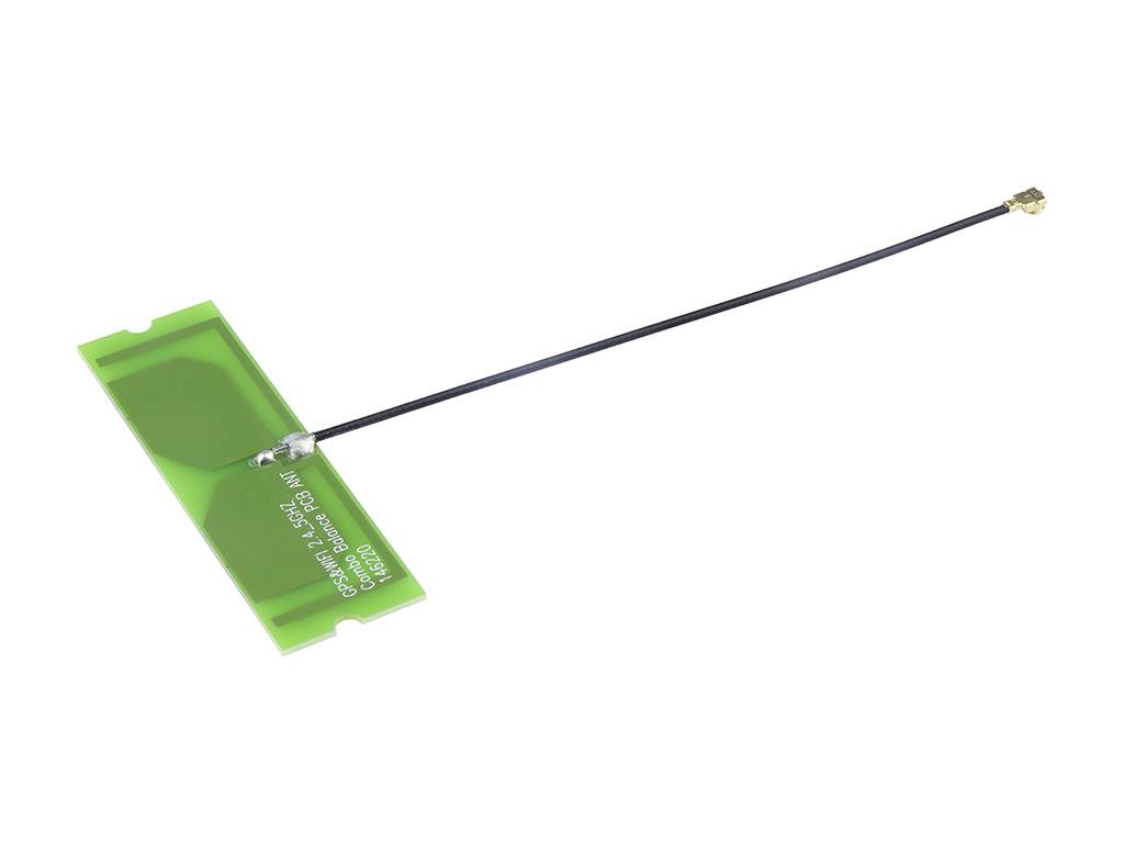 Antenne PCB verte avec câble noir et connecteur argenté.