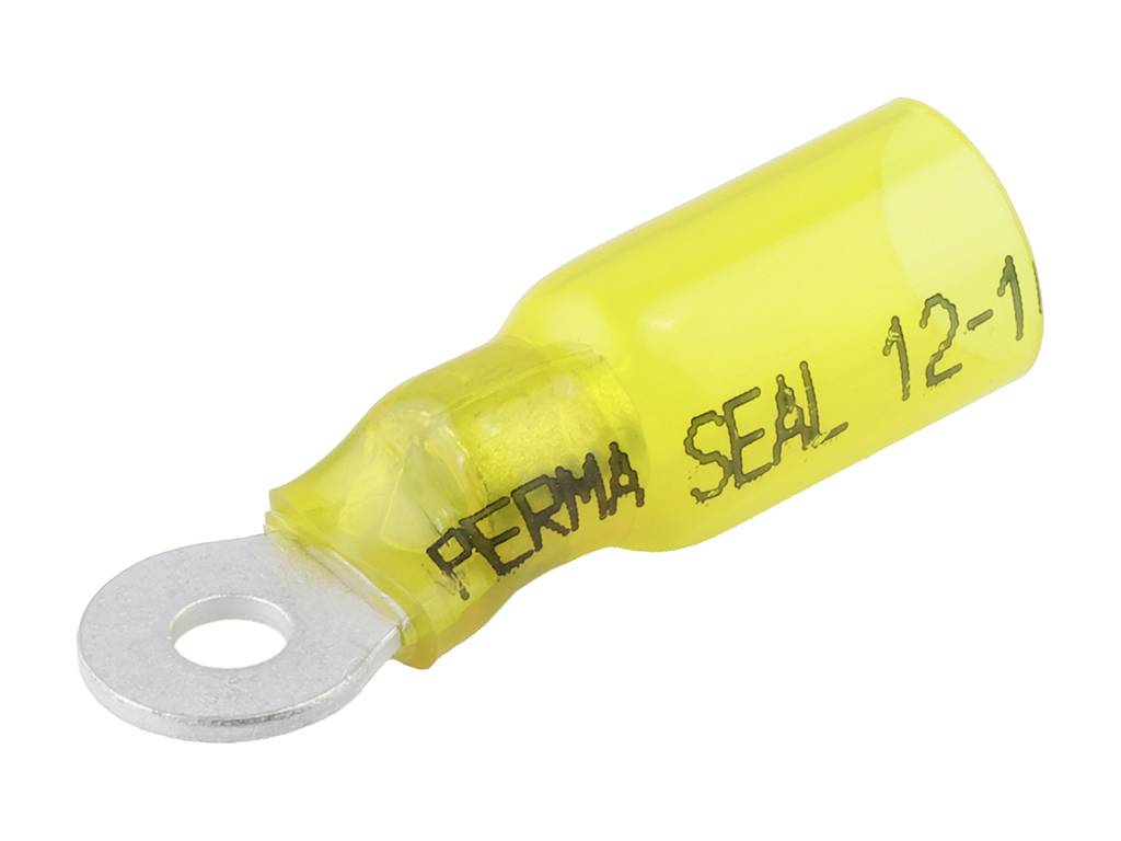 Cosse de câble jaune, isolée, avec anneau métallique pour connexions électriques. Texte 'PERMA SEAL 12-1' sur l'isolation.