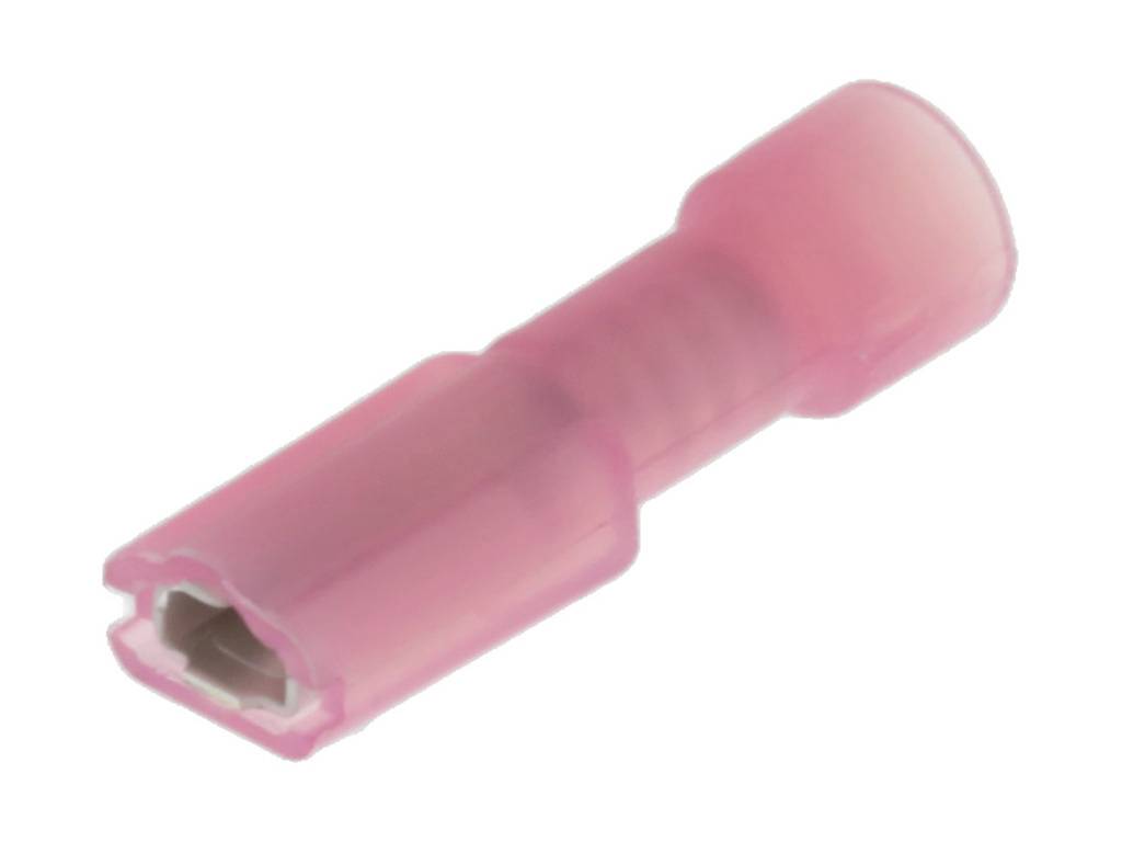 Un bouchon de câble isolé rose, typique des connexions électriques, repose sur un fond blanc.