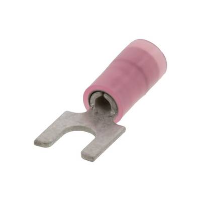 Cosse de câble à fourche en métal avec isolation rose, utilisée pour fixer des câbles aux connexions à vis, principalement dans les installations électriques.