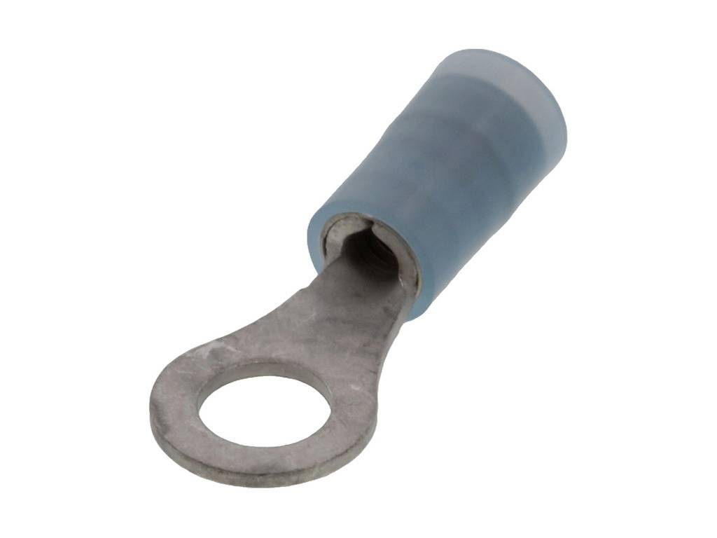 Un cosse de câble annulaire isolée bleue, utilisée pour connecter des fils électriques.