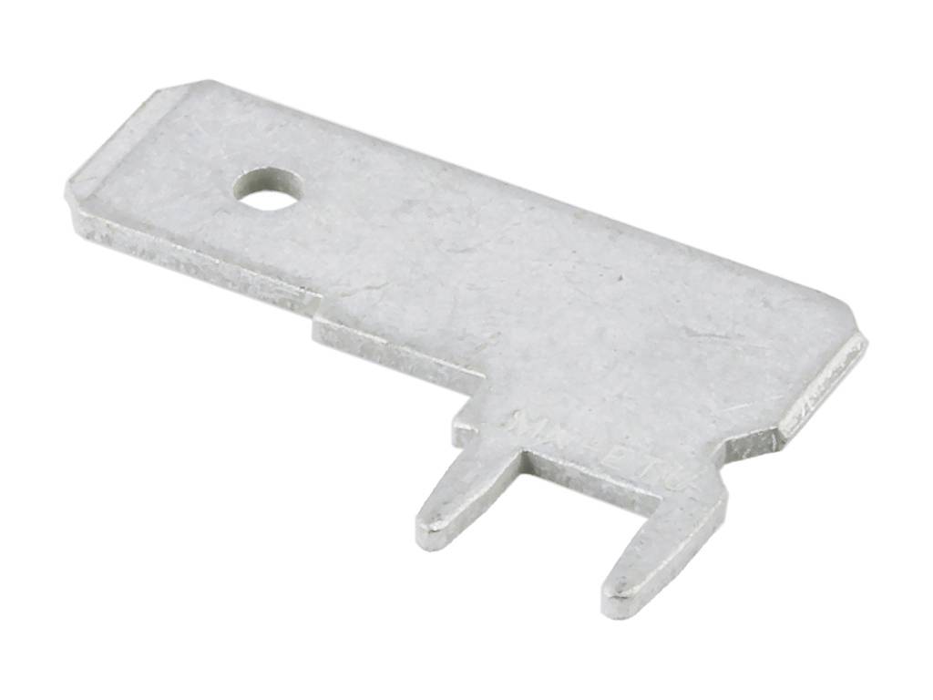 Agrafe de déverrouillage métallique pour connecteurs électriques, de forme rectangulaire et pourvue de deux ergots.