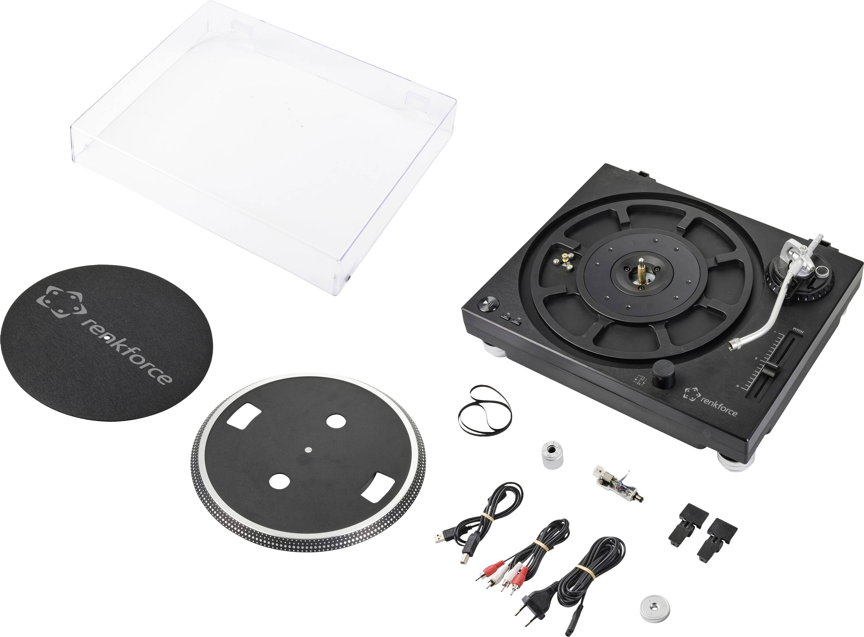 Kit de tourne-disque avec pièces détachées, comprenant le boîtier, le plateau, les câbles et le couvercle, prêt à être assemblé.