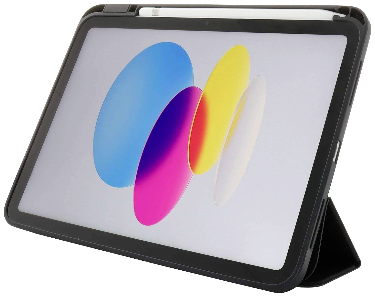 Une tablette noire avec support de clavier affiche des ovales colorés et superposés sur l'écran. Un stylet est posé en haut du bord.