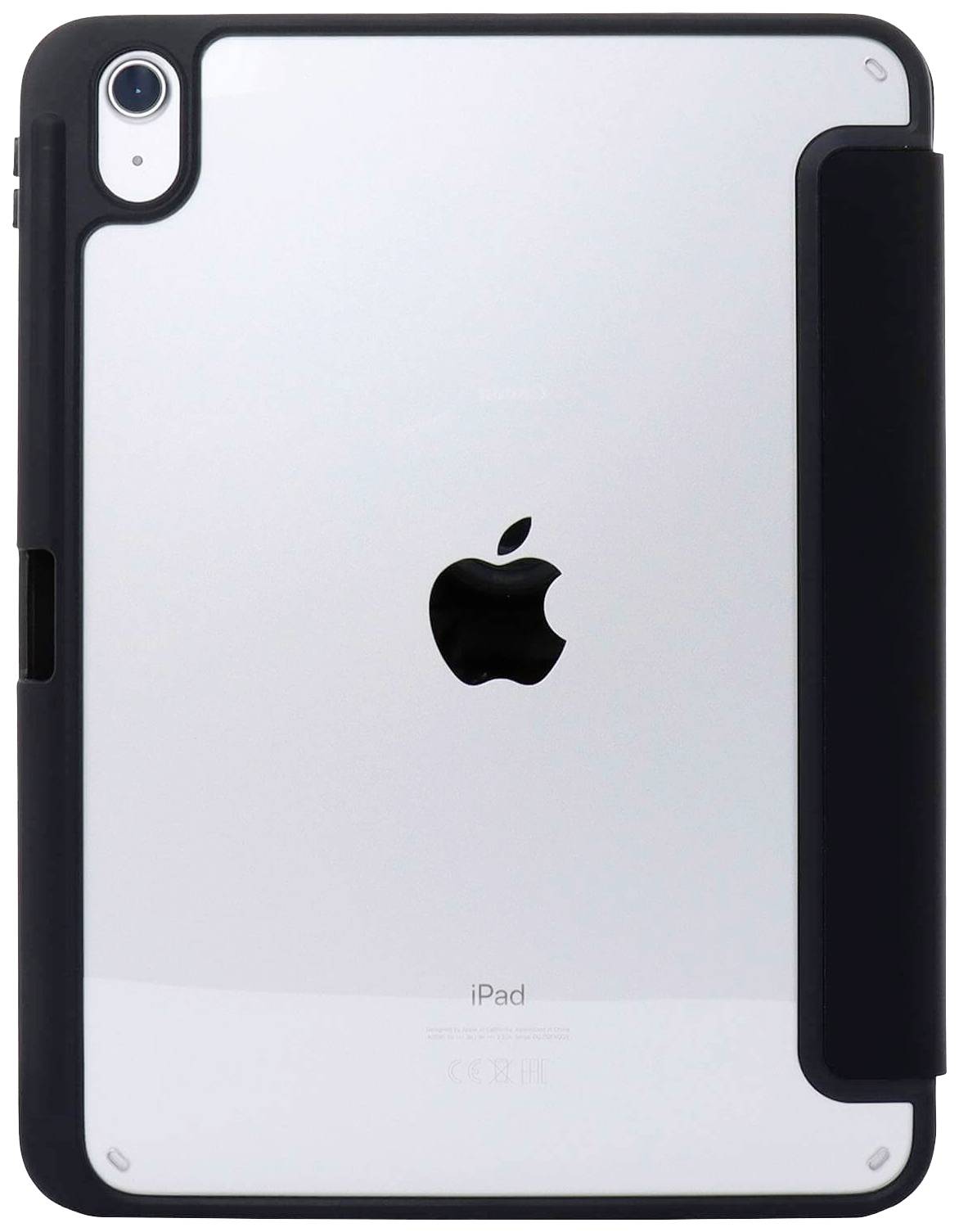 Une tablette avec un boîtier noir, le logo Apple est visible au dos.