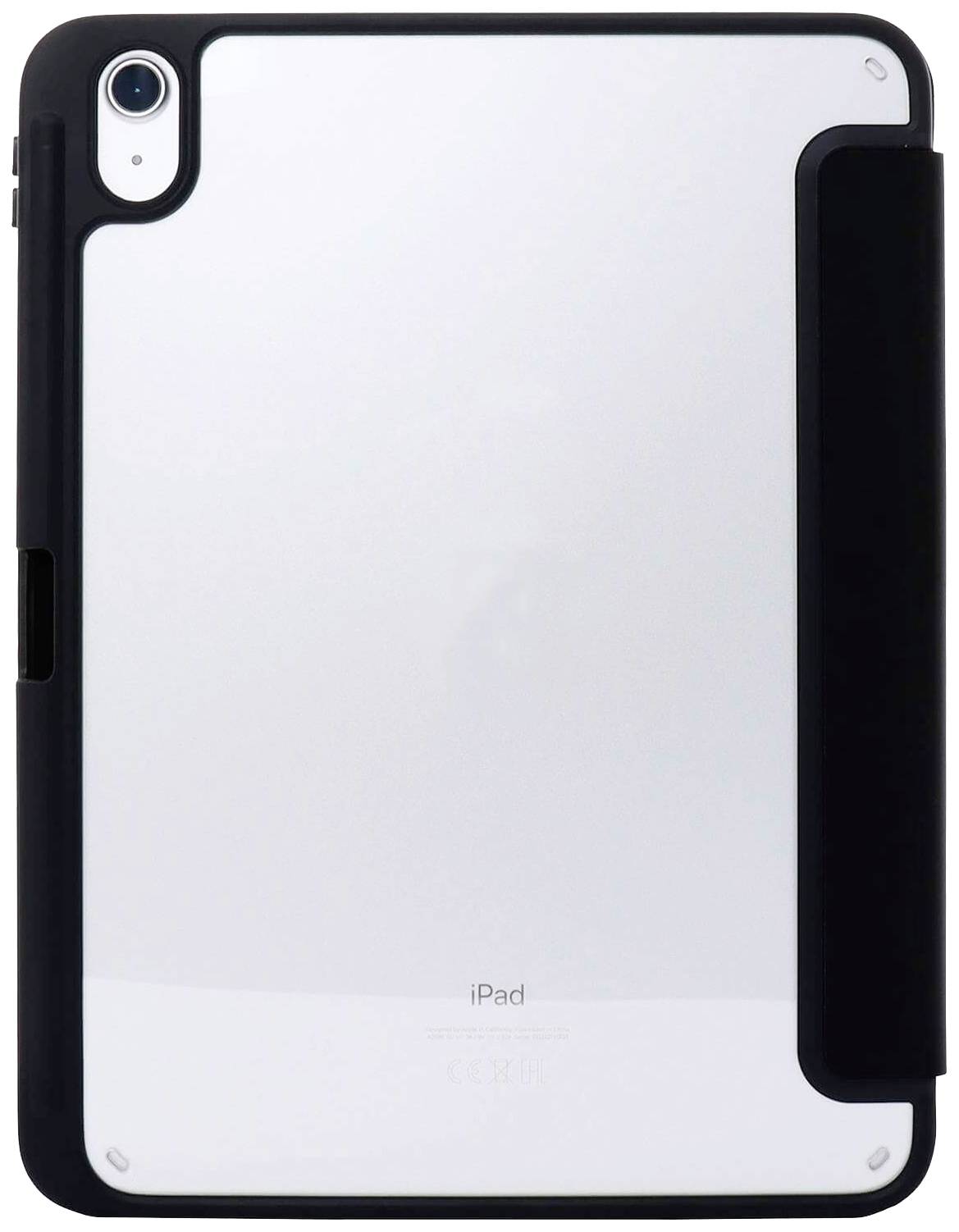 Vue arrière d'une tablette avec un boîtier noir. Caméra visible en haut à gauche. Logo de la marque et nom du modèle en bas au centre.