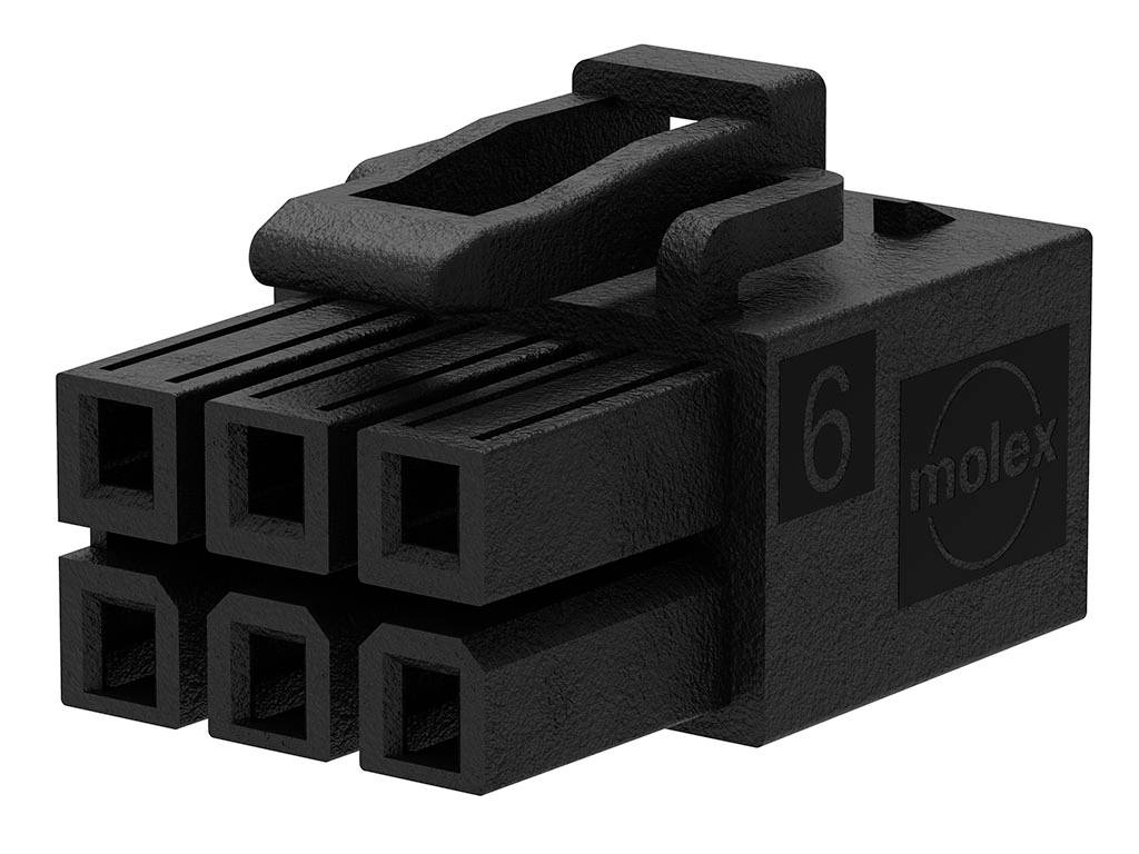 Un connecteur Molex noir à 6 broches, utilisé pour les alimentations d'ordinateurs, avec un marquage visible du "6" sur le côté.