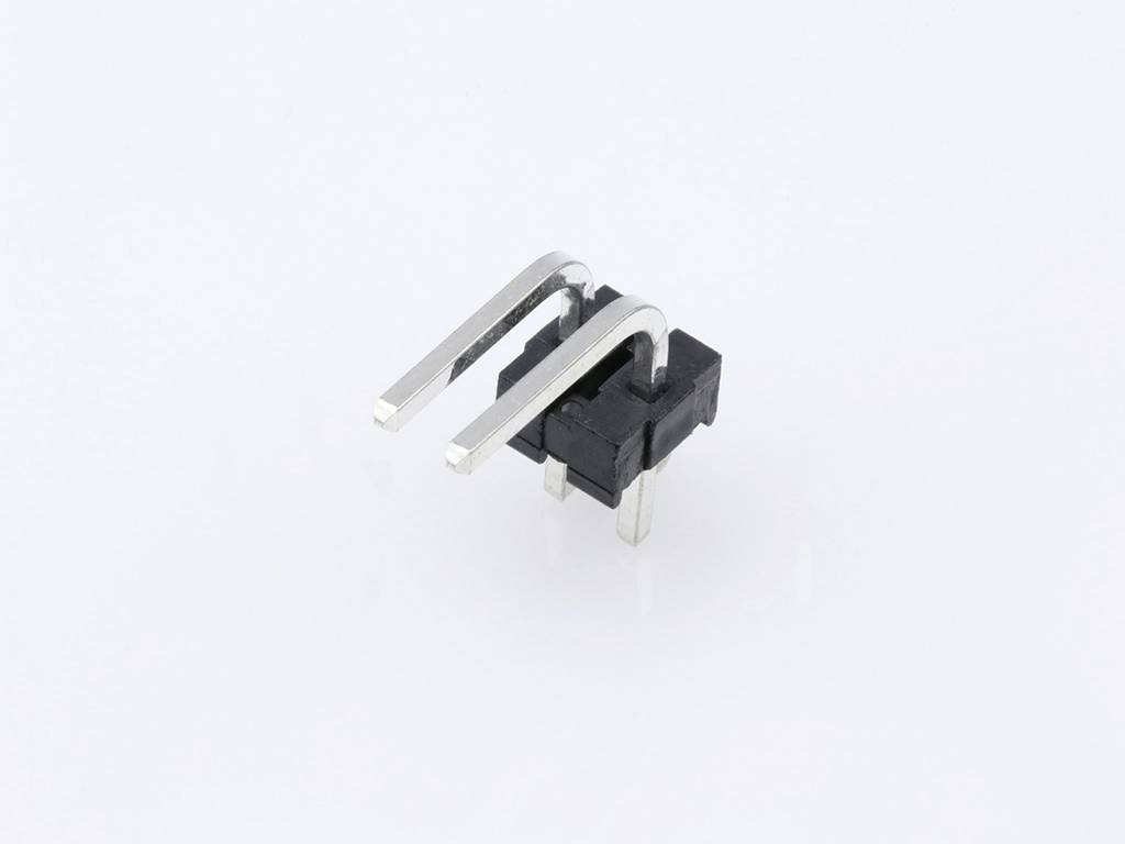 Un connecteur électronique noir avec deux broches métalliques sur un fond blanc. Adapté pour les circuits électroniques.