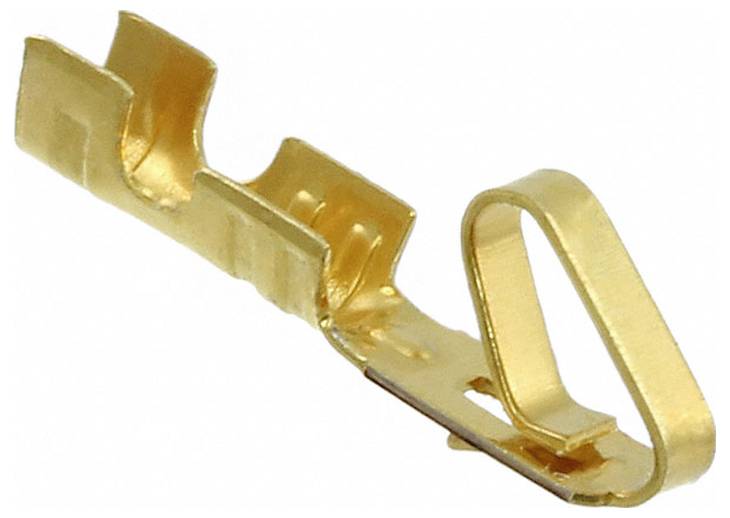 Un connecteur électrique métallique avec une finition dorée, présentant une borne en forme de U et une pince pour fixer un fil.