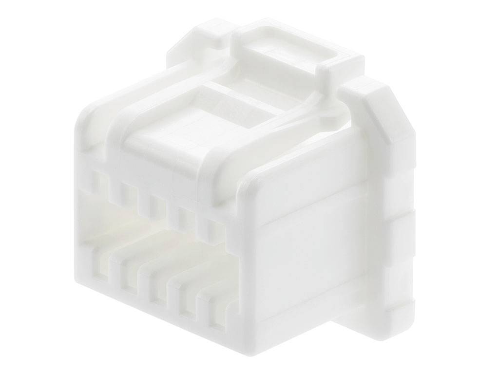 Un connecteur réseau RJ45 blanc rectangulaire, vu de côté.