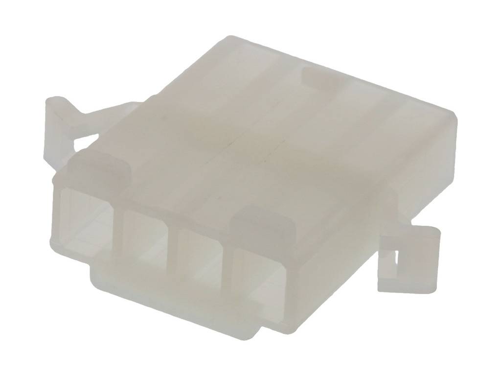 Connecteur en plastique avec quatre emplacements rectangulaires et des clips latéraux pour la fixation dans des dispositifs électroniques.