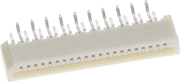 Un connecteur électrique blanc avec plusieurs broches métalliques disposées en rangée, utilisé pour raccorder des câbles ou des fils à une carte de circuit imprimé.