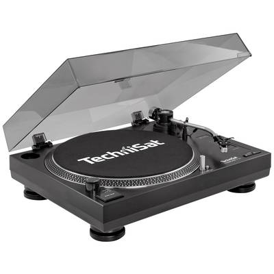 Un tourne-disque noir de la marque TechniSat avec un couvercle anti-poussière transparent.