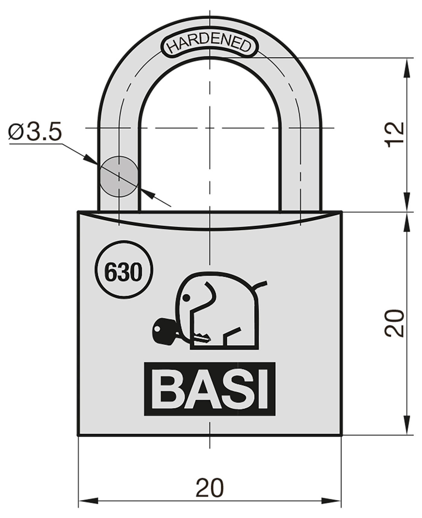 Dessin technique d'un cadenas durci BASI, montrant une largeur de 20 mm, une hauteur de corps de 20 mm, une hauteur d'étrier de 12 mm et un diamètre d'étrier de 3,5 mm.