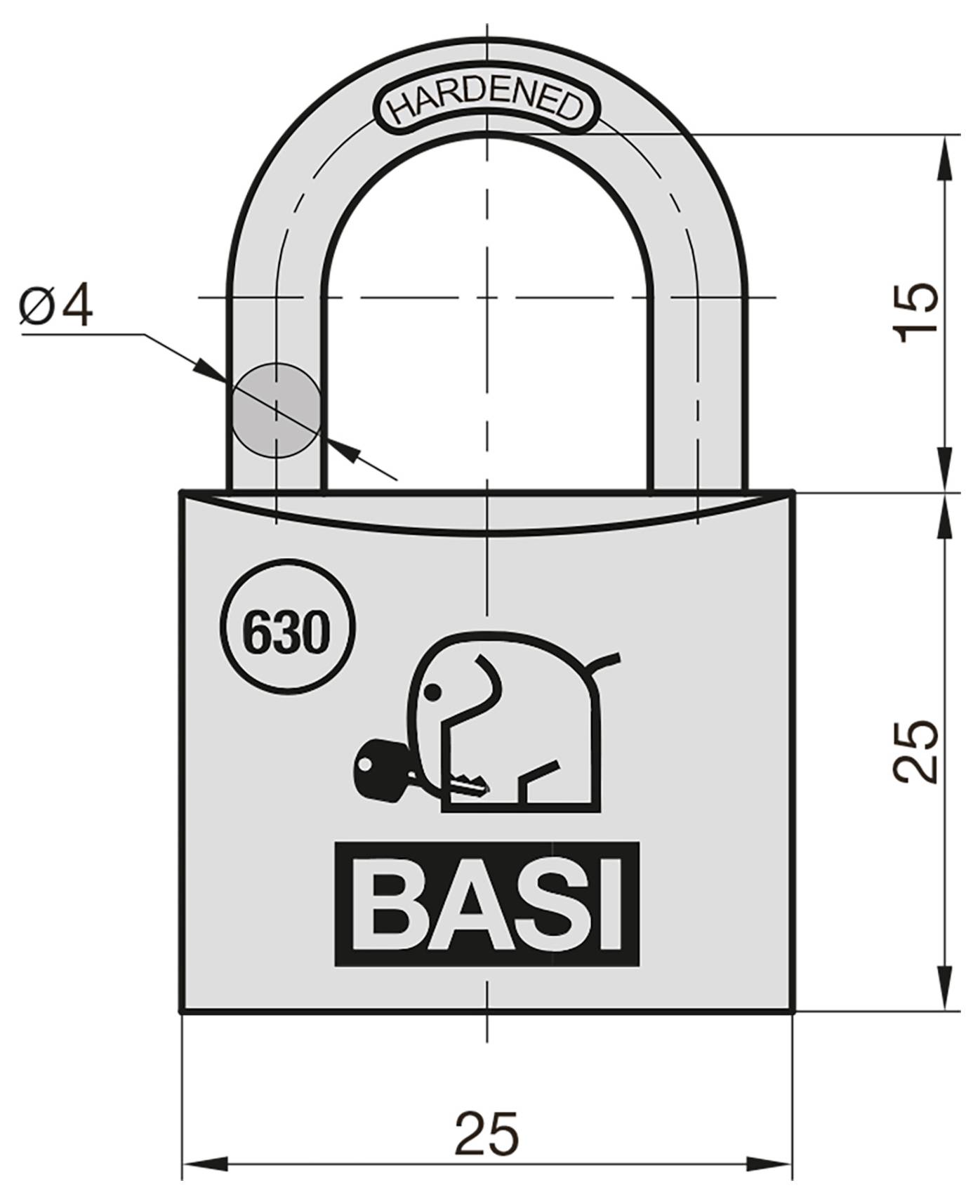 Dessin technique d'un cadenas durci BASI, montrant les dimensions 25 par 25, hauteur de l'anse 15, hauteur du corps 25, et diamètre de l'anse 4 mm.