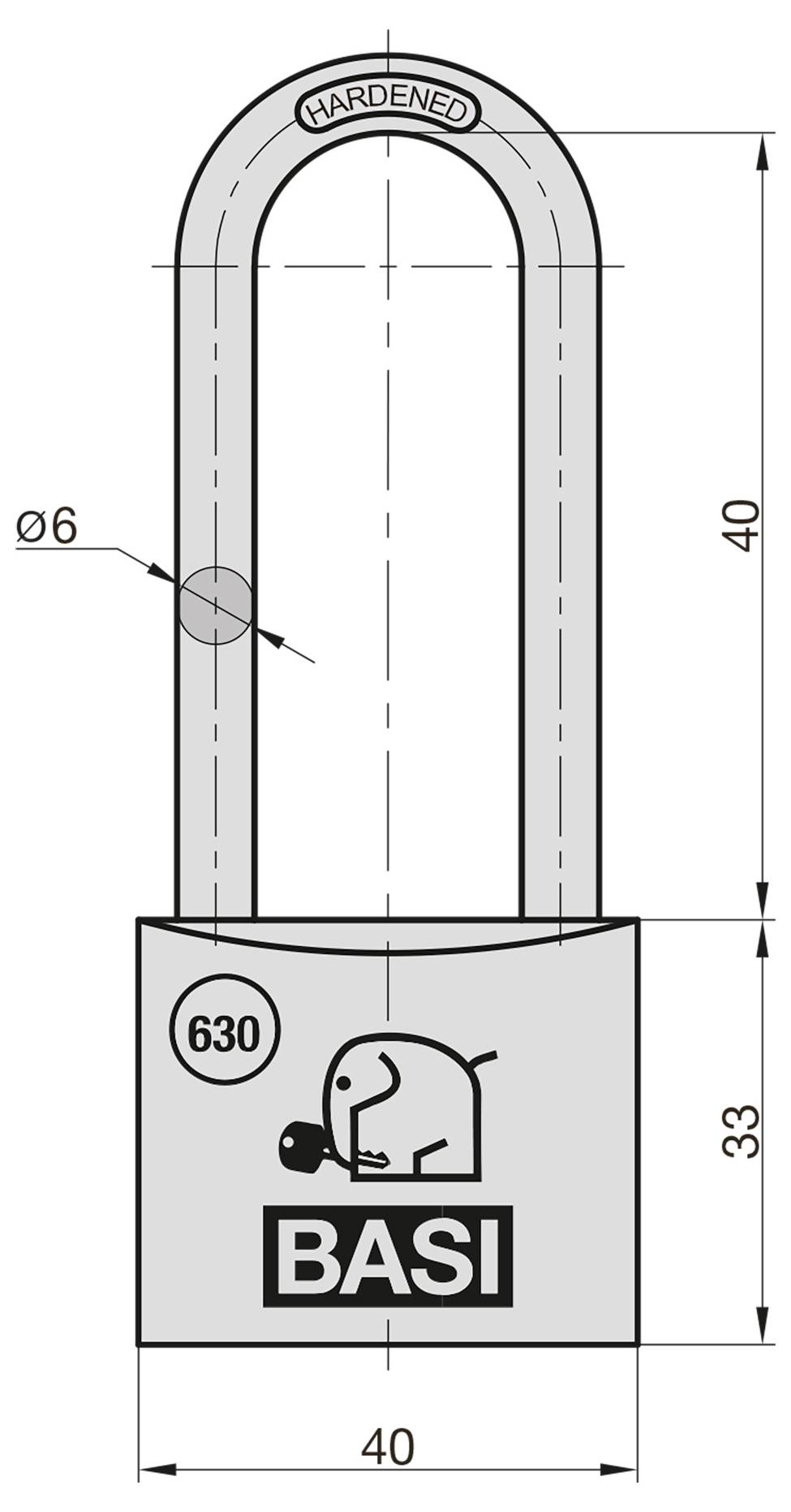 Dessin technique d'un cadenas durci, étiqueté « BASI » et « 630 », avec une largeur de 40 mm, une hauteur d'anse de 40 mm, une hauteur de corps de 33 mm et un diamètre d'anse de 6 mm.