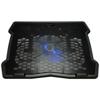 Coussin de refroidissement noir pour ordinateur portable avec centre de ventilateur éclairé en bleu et design de grille en nid d'abeille. Conçu pour une meilleure dissipation thermique.