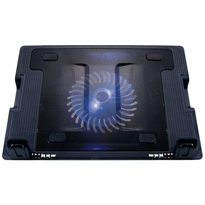 Un refroidisseur pour ordinateur portable noir avec un ventilateur central lumineux. Le refroidisseur est rectangulaire et présente une construction robuste.