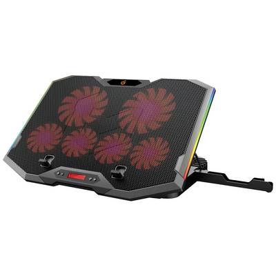 Un refroidisseur pour ordinateur portable avec cinq ventilateurs rétroéclairés en rouge et un support réglable pour améliorer le refroidissement et l'ergonomie des ordinateurs portables.