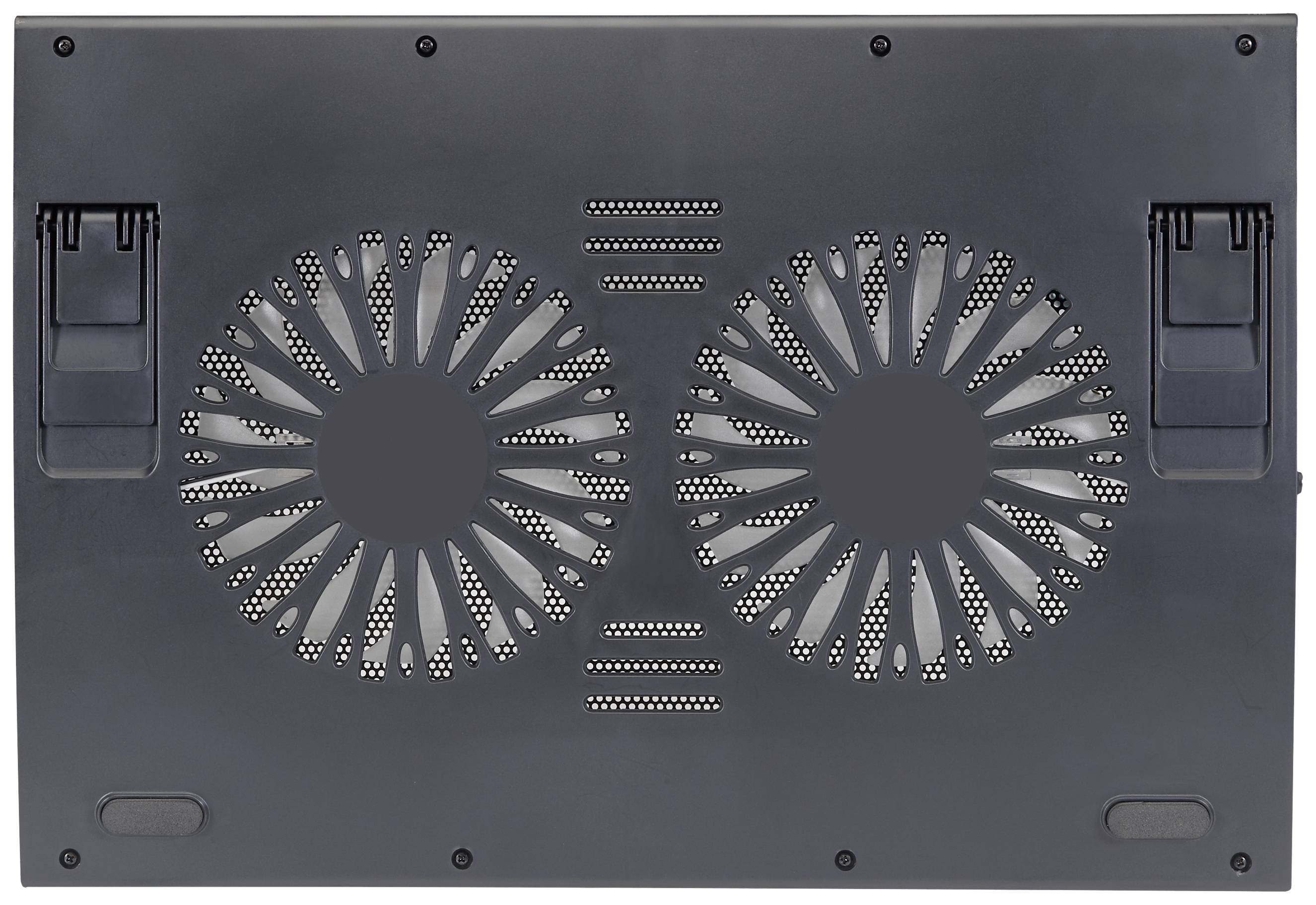 Un pad de refroidissement pour ordinateur portable avec deux grands ventilateurs pour la circulation de l'air, surface noire, adapté au refroidissement des ordinateurs portables.