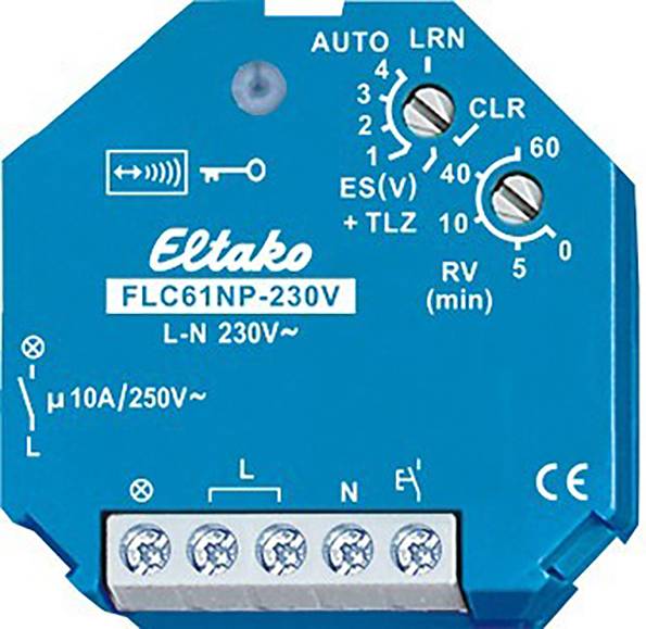 'Actionneur de commutation Eltako bleu FLC61NP-230V. Affiche la tension, les niveaux de commutation et les connexions. Sert à commander des appareils électriques.'