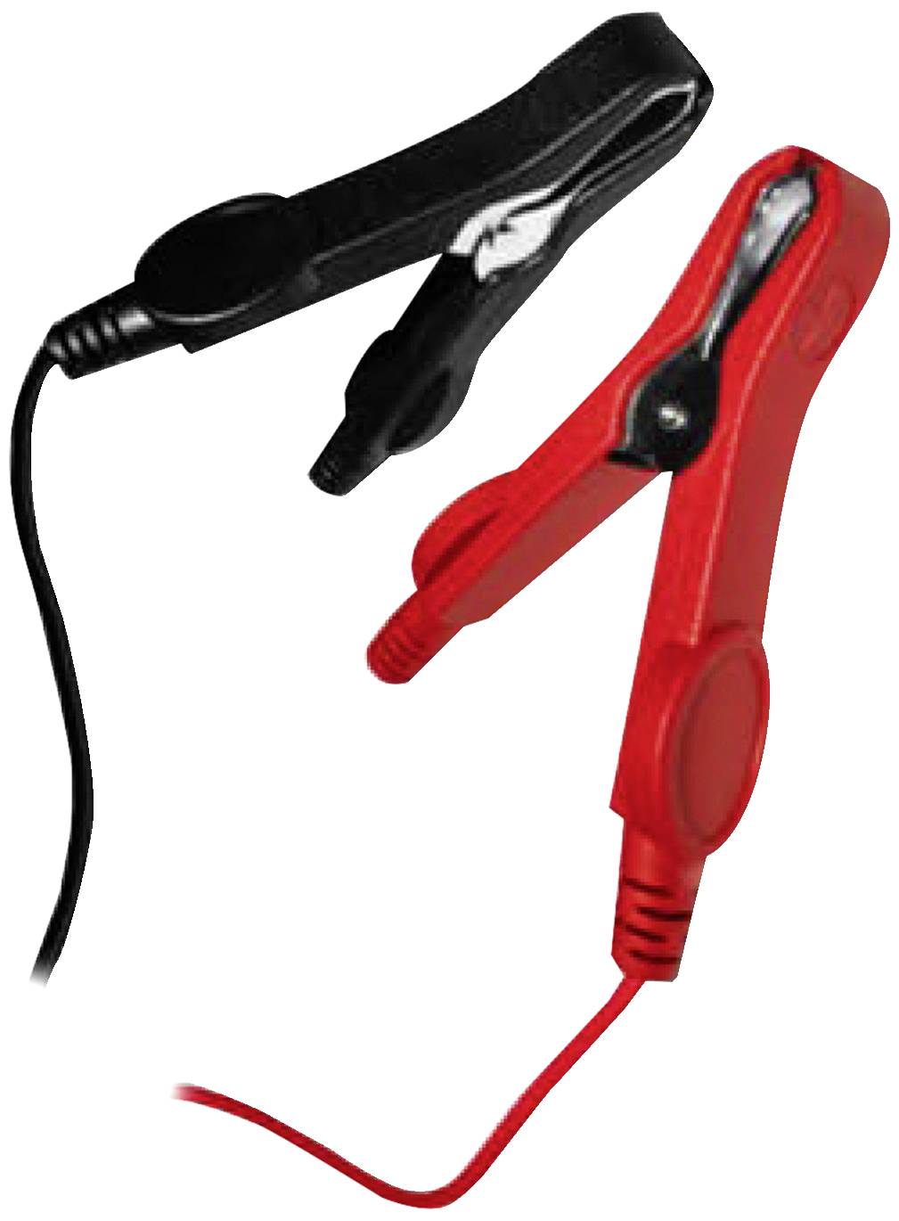 Deux bornes de batterie : une noire et une rouge avec des câbles, couramment utilisées pour connecter des batteries de voiture.