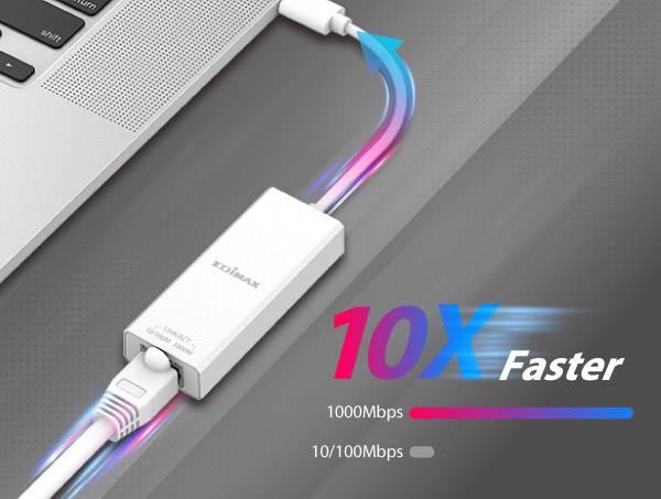 Un adaptateur USB-Ethernet est connecté à un ordinateur portable. Une flèche colorée indique l'accélération de 100 à 1000 Mbps. Texte : '10 fois plus rapide'.