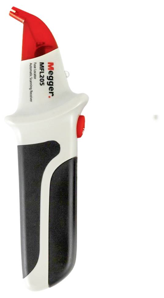 Appareil de test électronique pour tester les conducteurs électriques, blanc avec poignée noire et pointe rouge, marque 'Megger'.