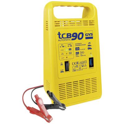 Un chargeur de batterie automatique jaune 'TCB90 GYS' avec des commandes et des indicateurs de statut. Deux bornes pour la connexion aux batteries.