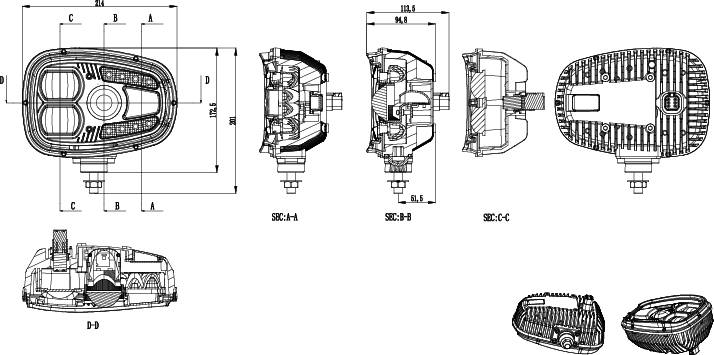 Dessin technique d'un composant mécanique représenté sous plusieurs vues, comprenant une coupe transversale et des vues détaillées des dimensions et des structures.